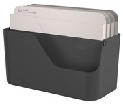 Schwarzer Dokumentenorganizer mit mehreren Fächern, gefüllt mit sortierten Dokumenten, seitliche Perspektive