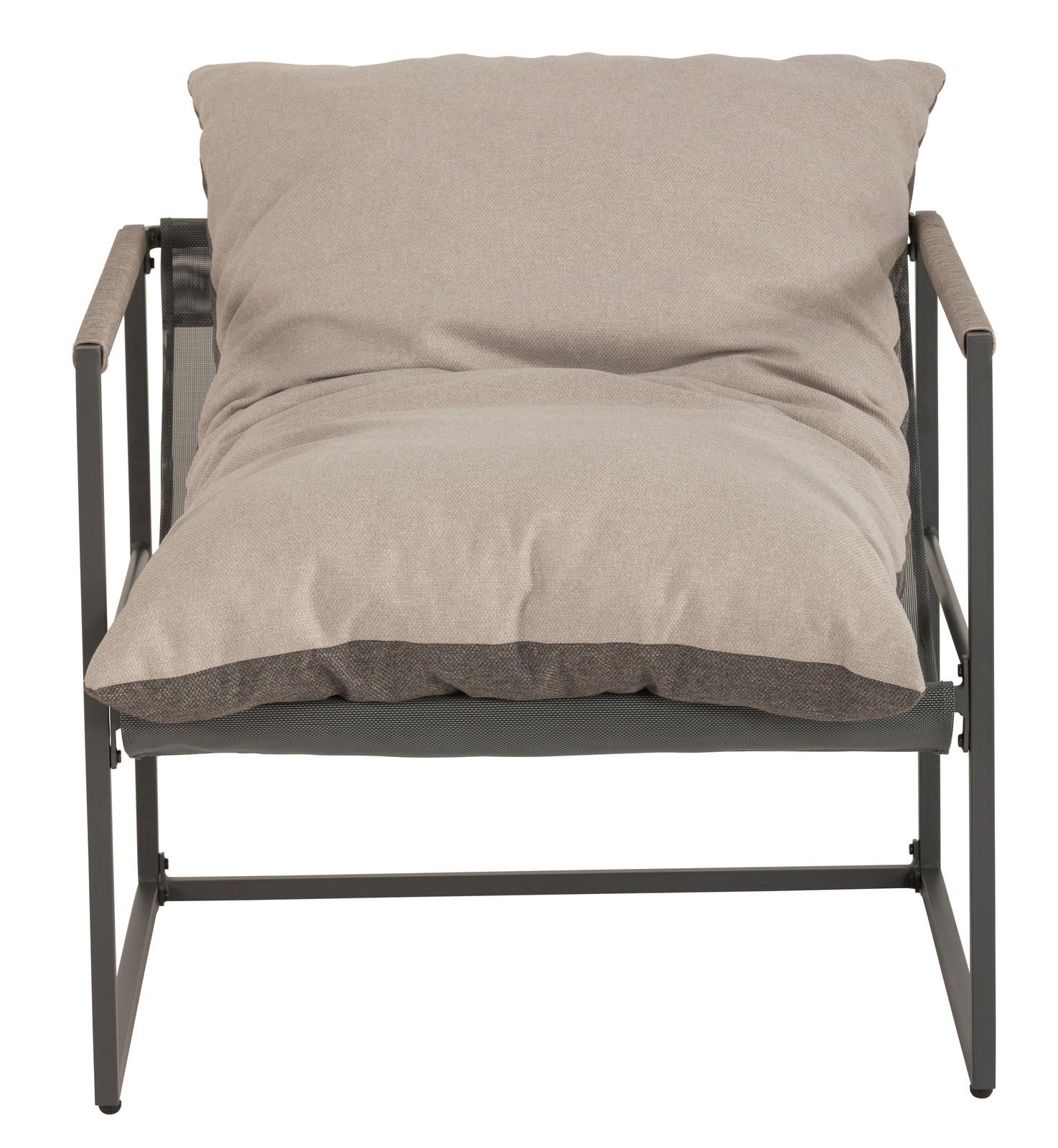 Moderner Lounge-Sessel mit beigem Kissen, frontal fotografiert.