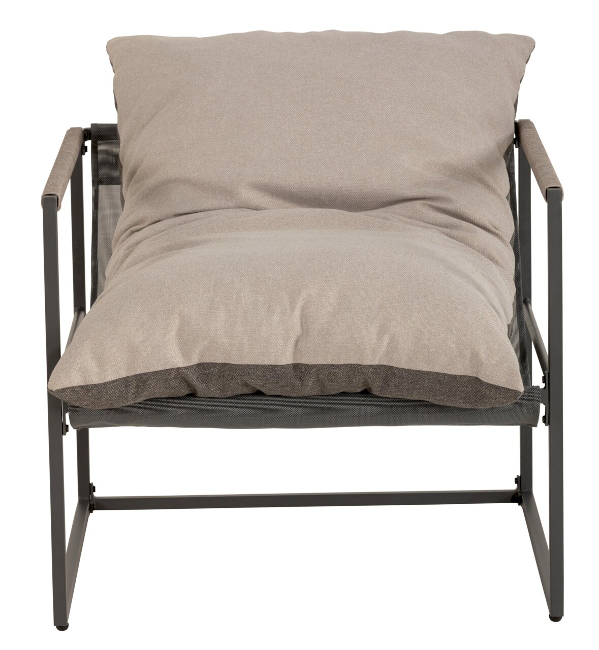 Moderner Lounge-Sessel mit beigem Kissen, frontal fotografiert.