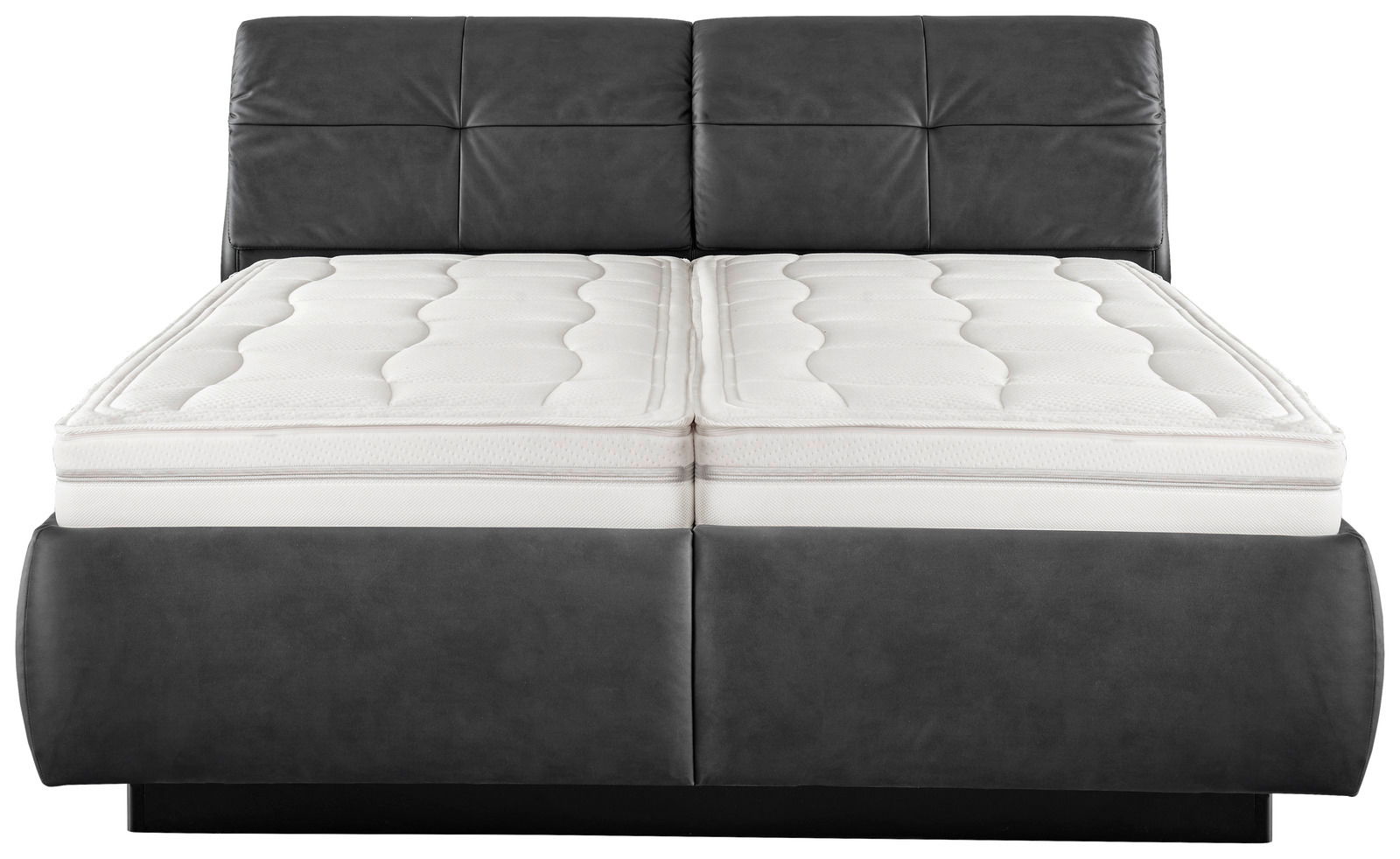 Frontale Ansicht eines modernen Polsterbetts mit grauem Kopfteil und weißer Matratze.