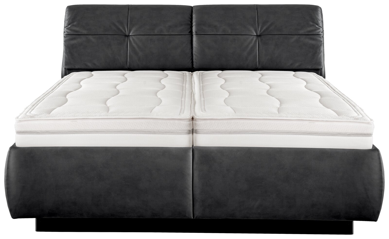 Frontale Ansicht eines modernen Polsterbetts mit grauem Kopfteil und weißer Matratze.