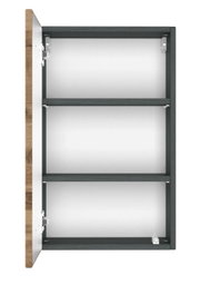 Hängeschrank mit geöffneter Tür, Ansicht von der Seite, zwei Einlegeböden, Holzoptik