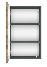 Hängeschrank mit geöffneter Tür, Ansicht von der Seite, zwei Einlegeböden, Holzoptik