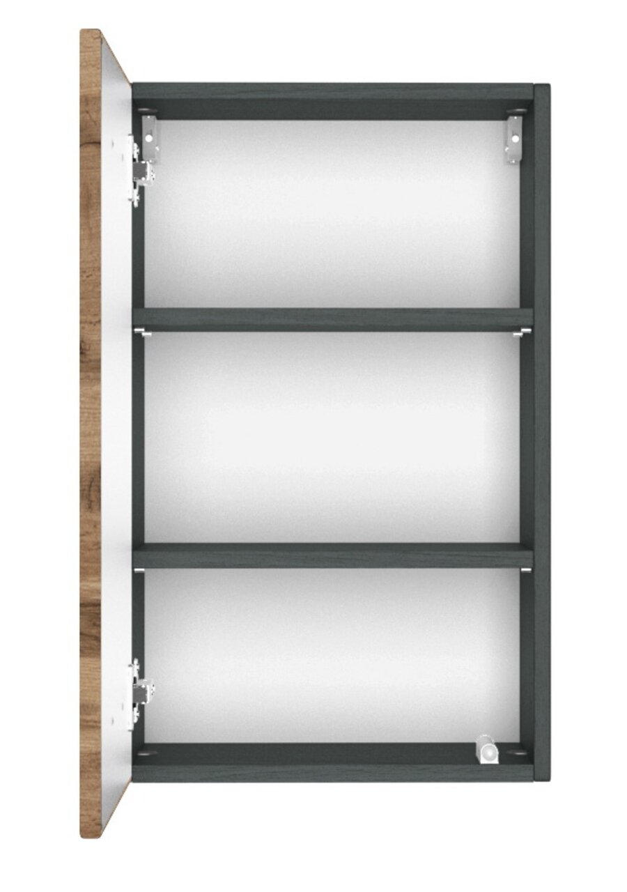 Hängeschrank mit geöffneter Tür, Ansicht von der Seite, zwei Einlegeböden, Holzoptik