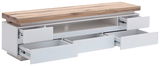 Weißes TV-Lowboard mit Holzplatte und offenen Schubladen, seitliche Perspektive