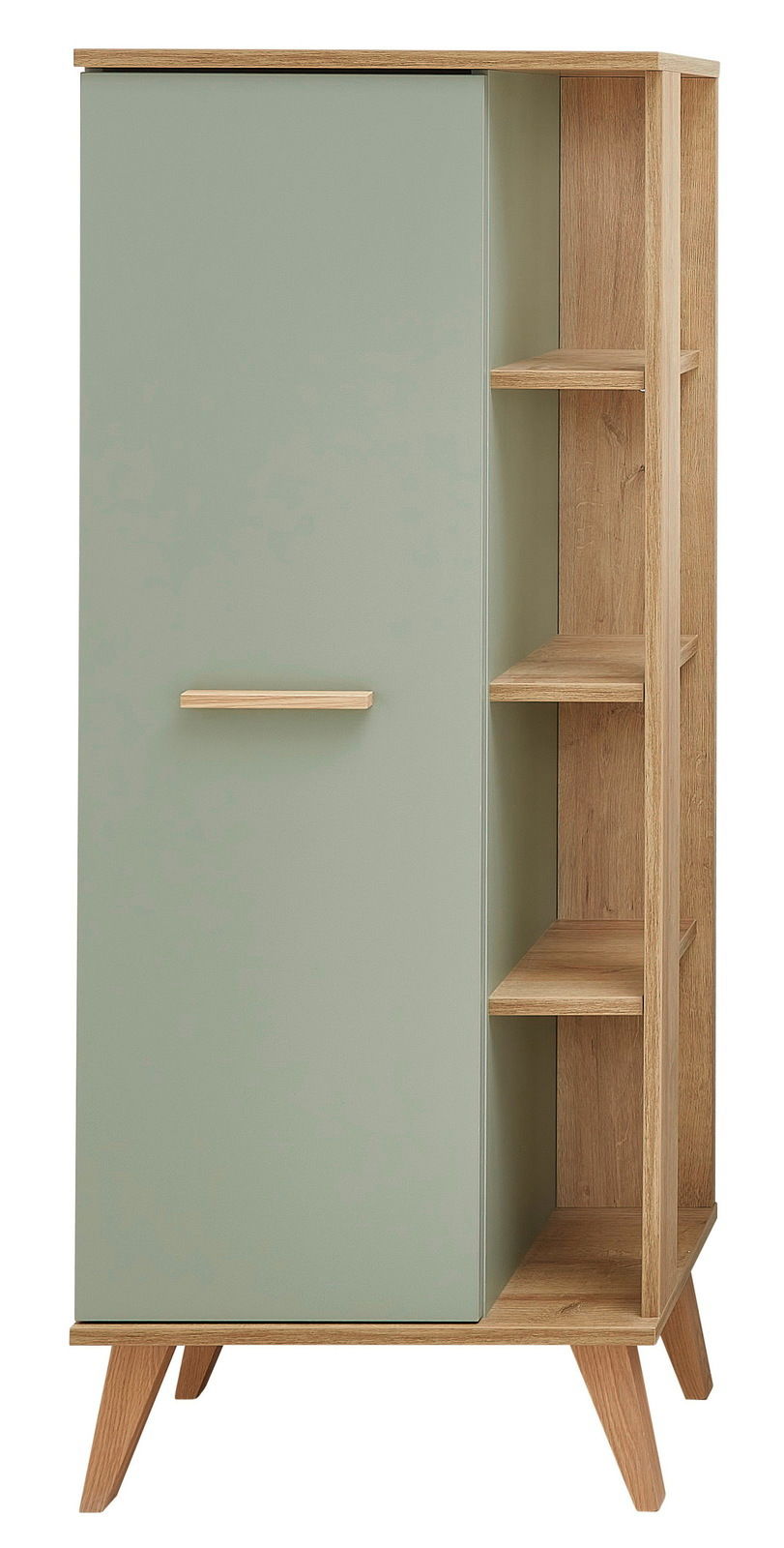 XORA Midischrank SALVIE Midischrank in hellem Holz mit grüner Tür und offenen Regalfächern, frontale Ansicht