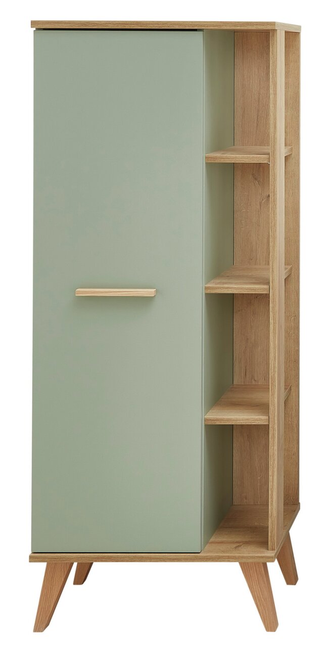 Midischrank in hellem Holz mit grüner Tür und offenen Regalfächern, frontale Ansicht