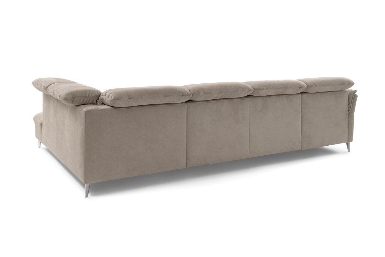 Rückansicht einer modernen, grauen Polsterrundecke mit eleganten Metallfüßen.
