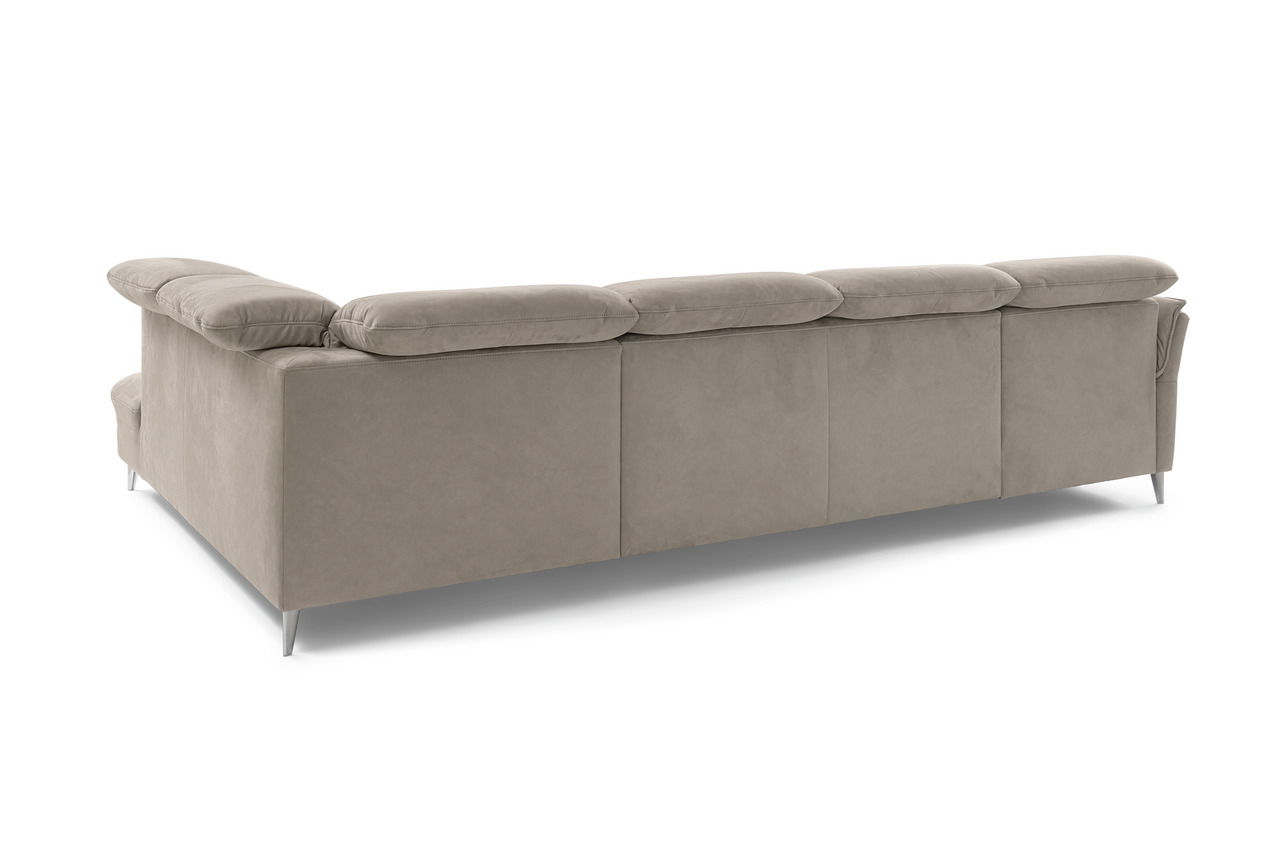 Rückansicht einer modernen, grauen Polsterrundecke mit eleganten Metallfüßen.