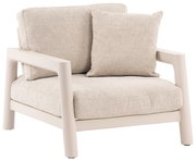 Beiger Loungesessel mit Kissen, seitliche Perspektive