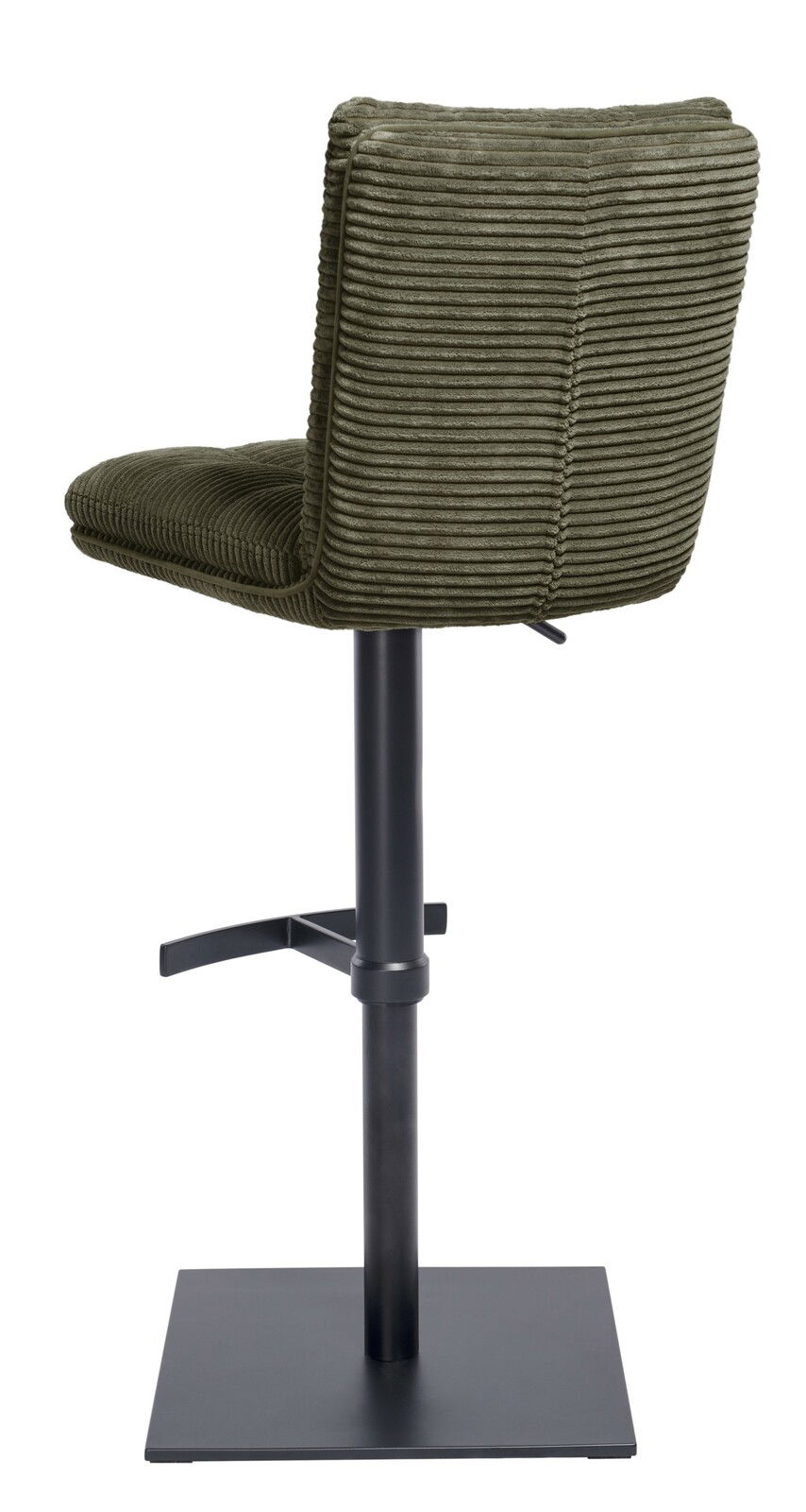 Rückansicht eines Barhockers mit grünem, geripptem Stoffbezug und schwarzem Metallgestell.