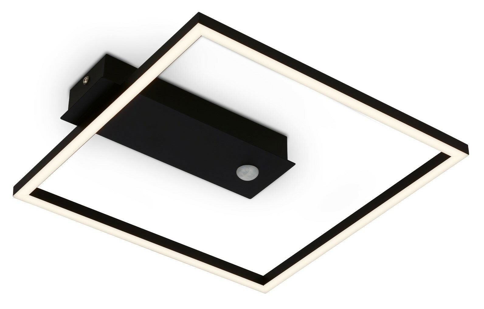 Moderne LED-Deckenleuchte mit Sensor in quadratischer Form, schwarze Farbe, Ansicht von unten.