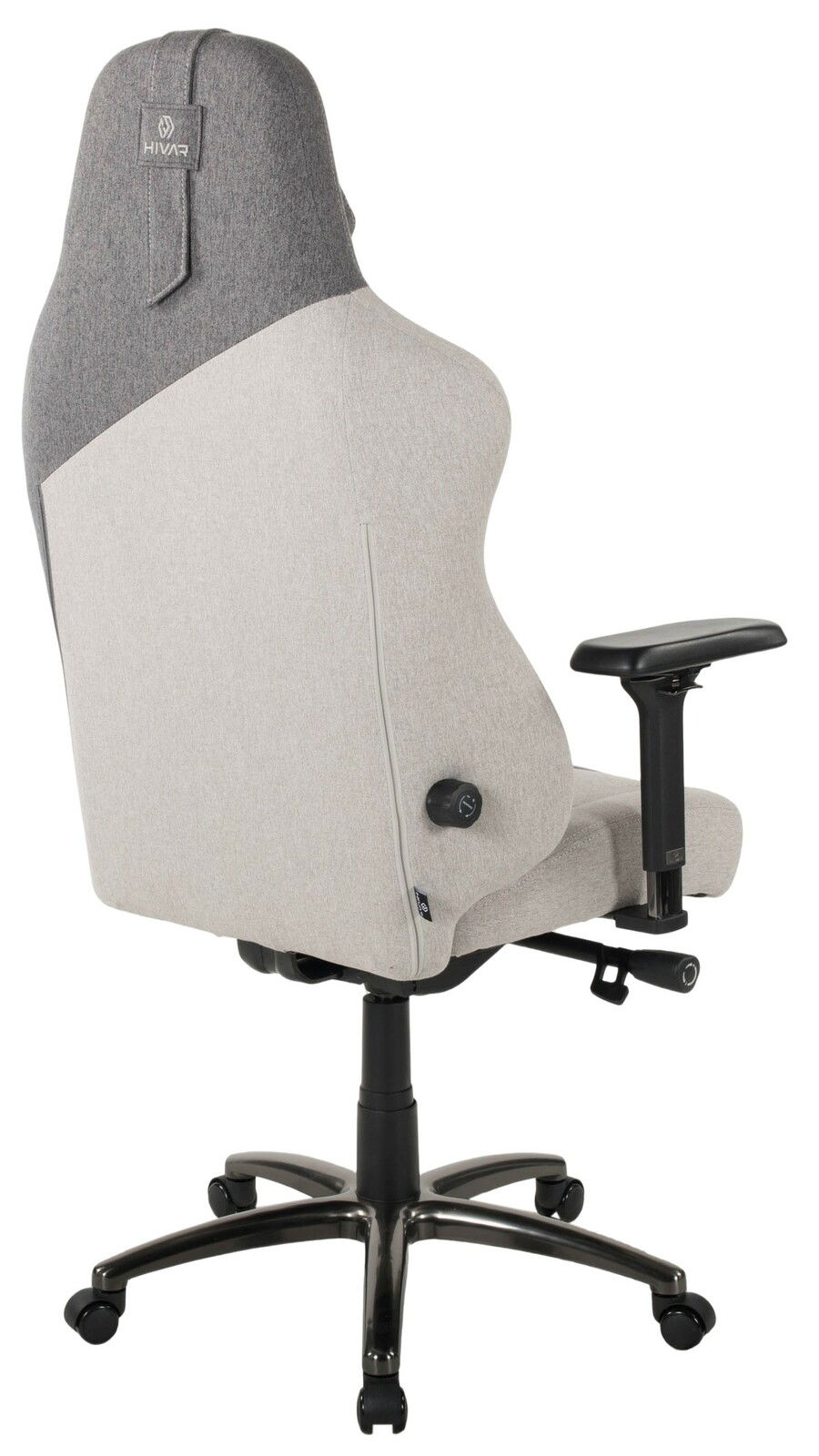 Rückansicht eines grauen Gaming-Stuhls mit verstellbaren Armlehnen und ergonomischem Design.