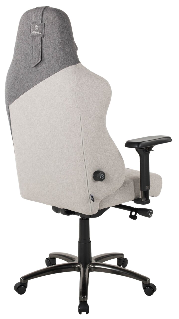 Rückansicht eines grauen Gaming-Stuhls mit verstellbaren Armlehnen und ergonomischem Design.