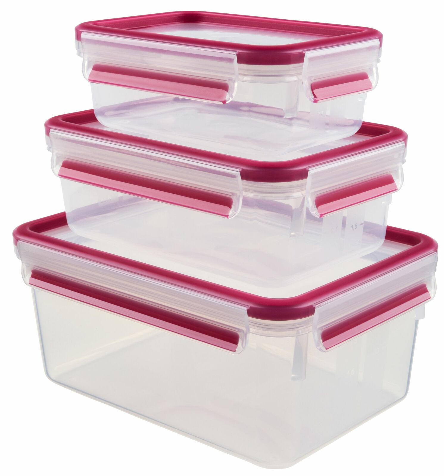 Dreiteiliges Set von Emsa Frischhaltedosen mit Clip-Verschluss, gestapelt in seitlicher Perspektive, mit roten Deckeln.