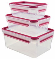 Dreiteiliges Set von Emsa Frischhaltedosen mit Clip-Verschluss, gestapelt in seitlicher Perspektive, mit roten Deckeln.