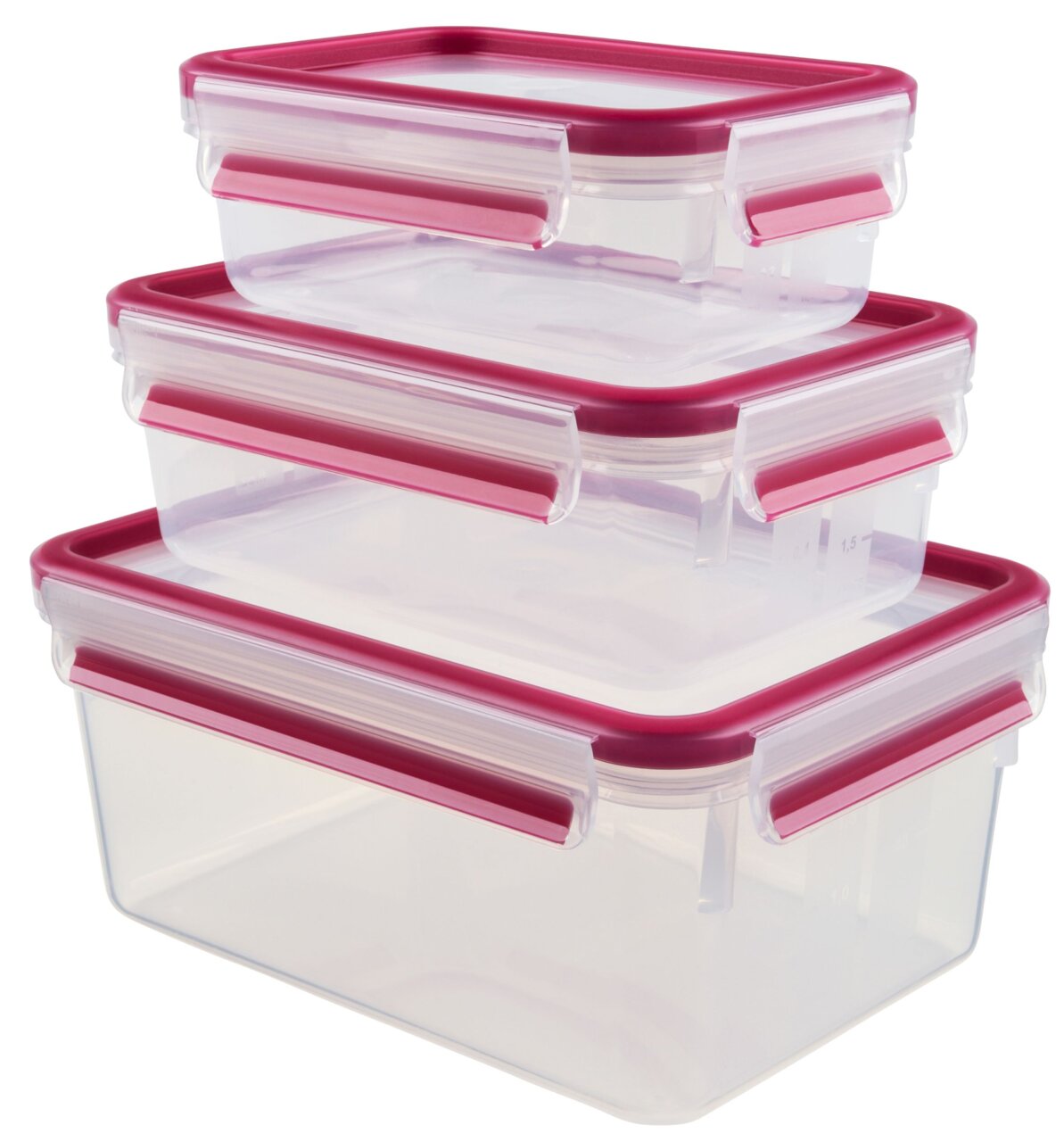 Emsa Frischhaltedosen-Serie 3-tlg. CLIP&CLOSE Dreiteiliges Set von Emsa Frischhaltedosen mit Clip-Verschluss, gestapelt in seitlicher Perspektive, mit roten Deckeln.