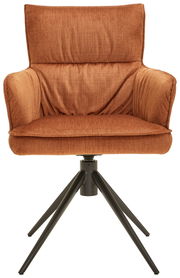 Vorderansicht eines modernen Armlehnstuhls mit rostfarbenem Stoffbezug und schwarzem Metallgestell.