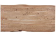 Rechteckige Tischplatte aus naturbelassenem Massivholz mit lebendiger Maserung, Astlöchern und organischen Baumkanten, aus der Draufsicht dargestellt
