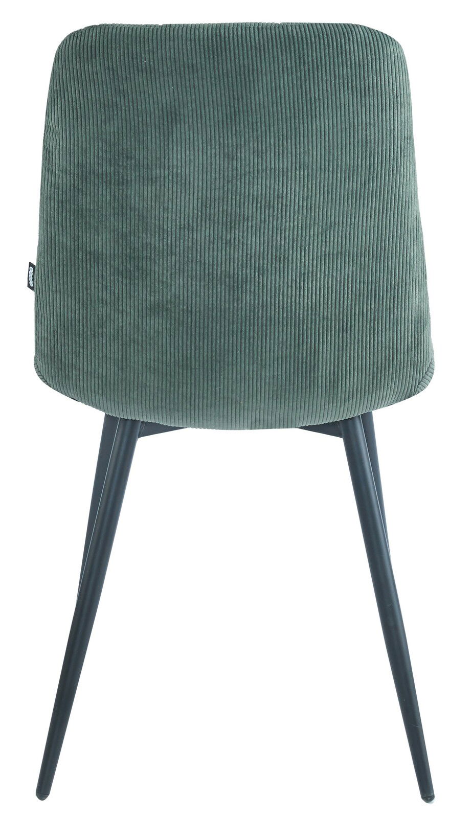 BOXXX Stuhl CURTY Rückansicht eines grünen Stuhls mit geripptem Stoffbezug und schwarzen Metallbeinen.