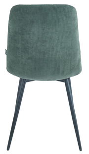 Rückansicht eines grünen Stuhls mit geripptem Stoffbezug und schwarzen Metallbeinen.
