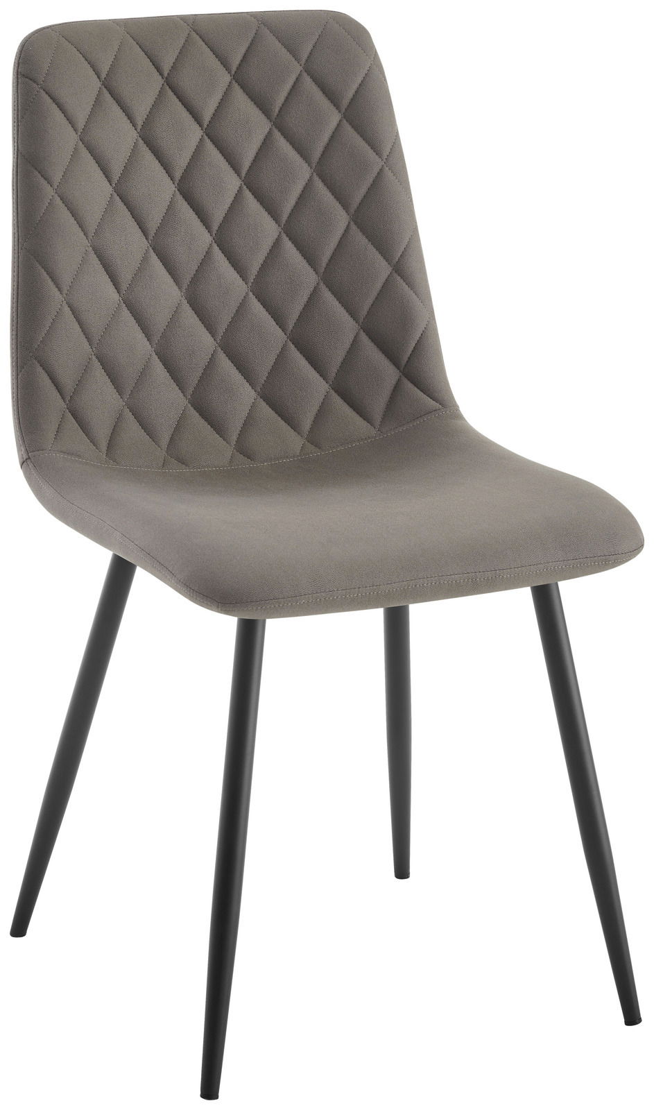 Grauer Stuhl mit rautenförmiger Steppung auf der Rückenlehne und schwarzen Metallbeinen, seitliche Perspektive