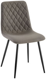 Grauer Stuhl mit rautenförmiger Steppung auf der Rückenlehne und schwarzen Metallbeinen, seitliche Perspektive