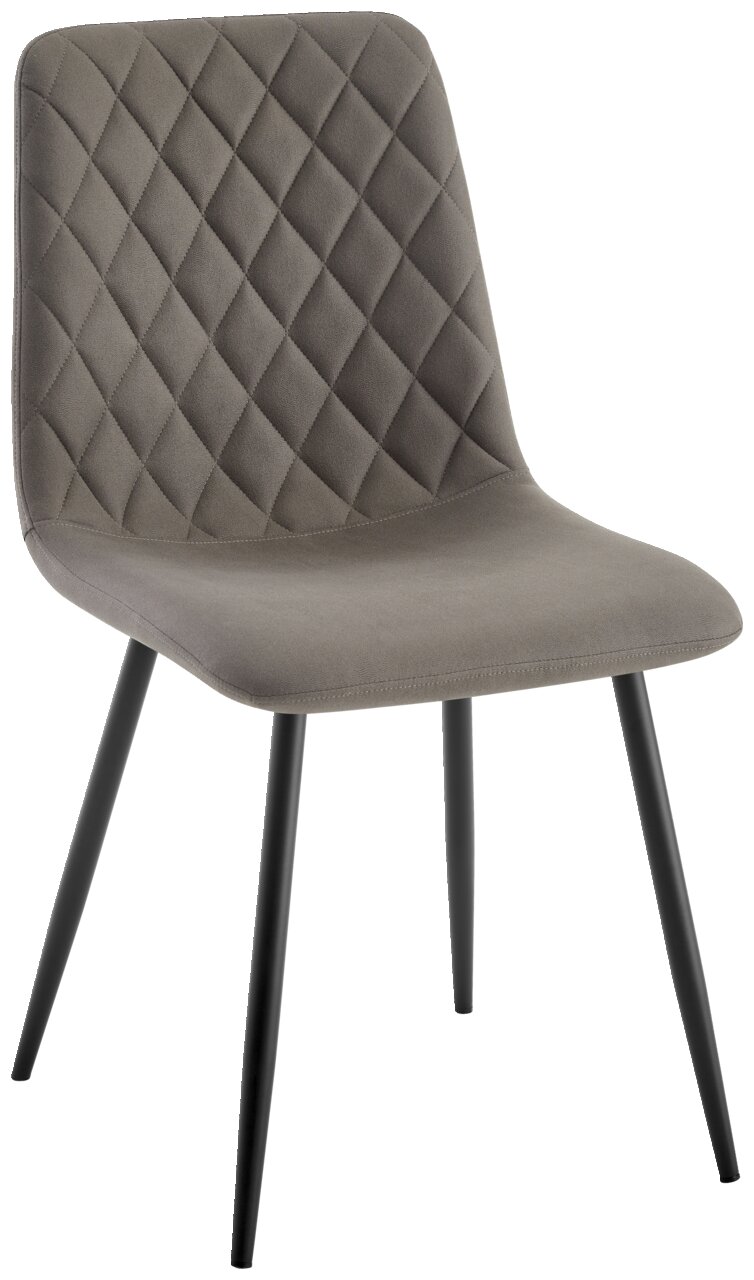 Grauer Stuhl mit rautenförmiger Steppung auf der Rückenlehne und schwarzen Metallbeinen, seitliche Perspektive