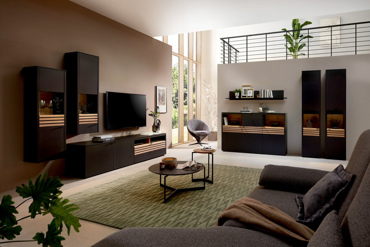 Modernes Wohnzimmer mit stilvollem Sideboard in dunklem Holz und Glas, umgeben von eleganten Möbeln und Pflanzen, aus der Perspektive eines gemütlichen Sofas.