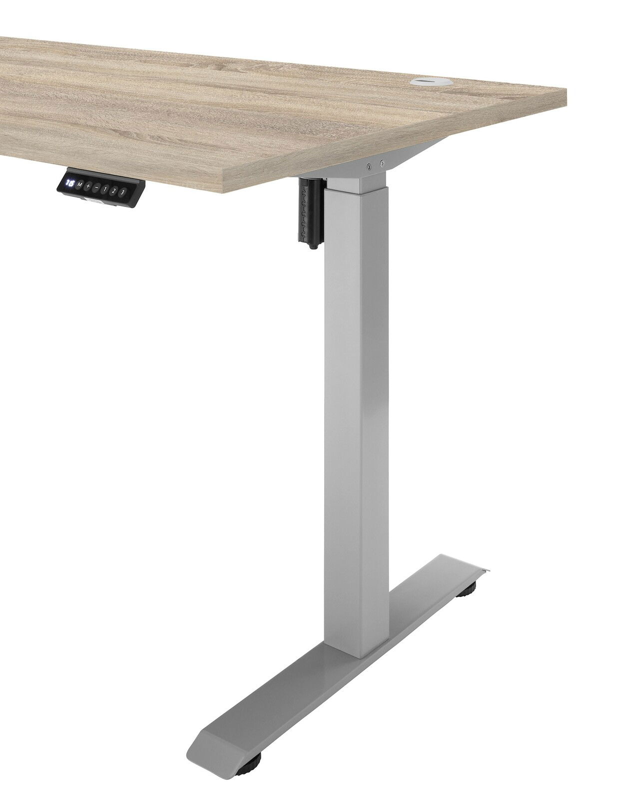 Höhenverstellbarer E-Schreibtisch mit Holzplatte und silbernem Metallgestell, seitliche Perspektive