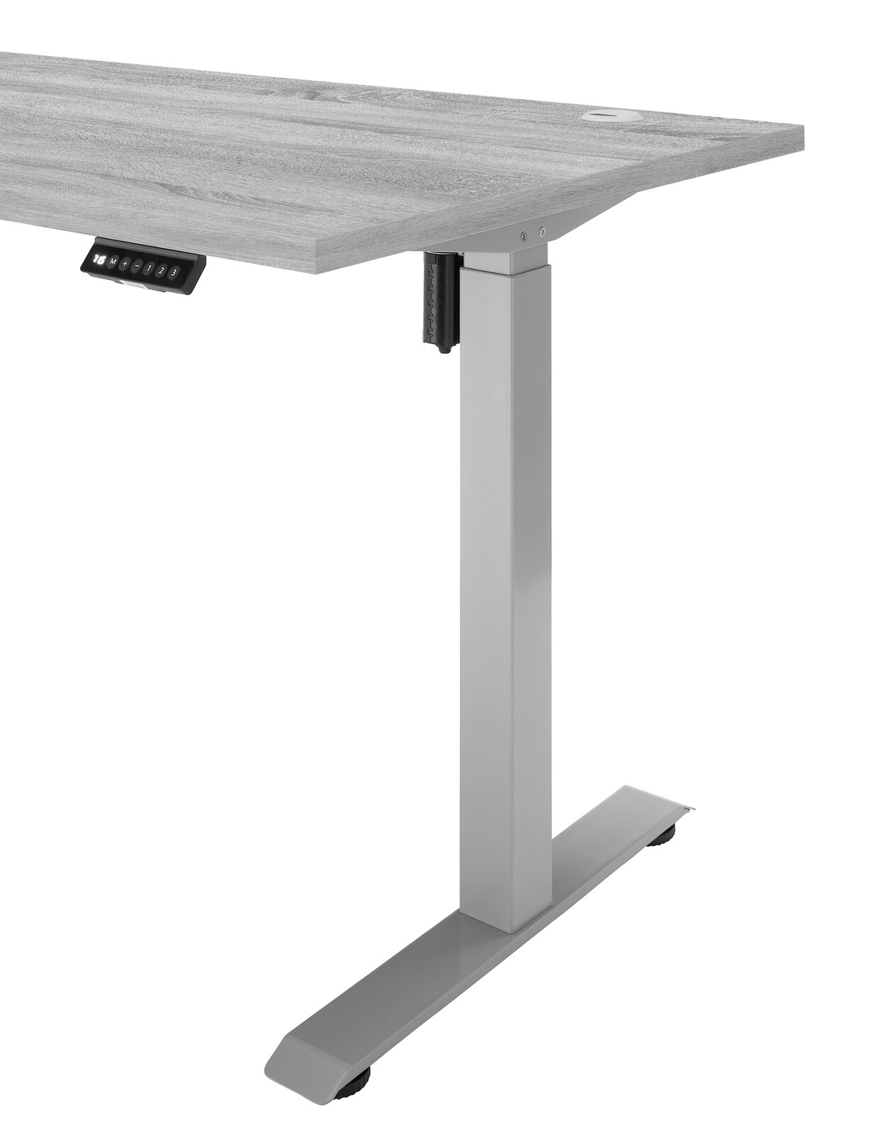 Höhenverstellbarer E-Schreibtisch mit Holzplatte und silbernem Metallgestell, seitliche Perspektive