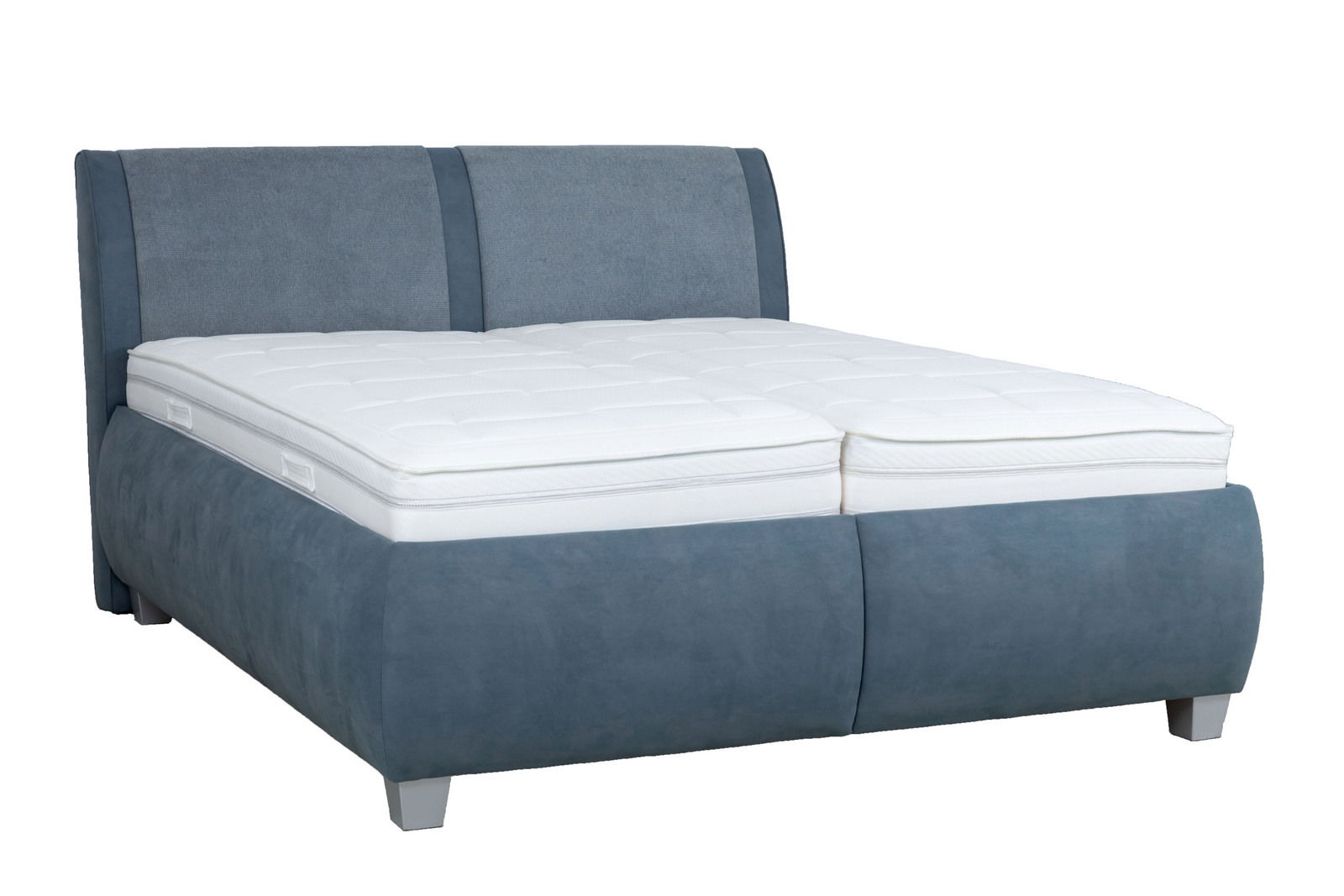 Polsterbett in blauer Farbe mit weißer Matratze, seitliche Perspektive