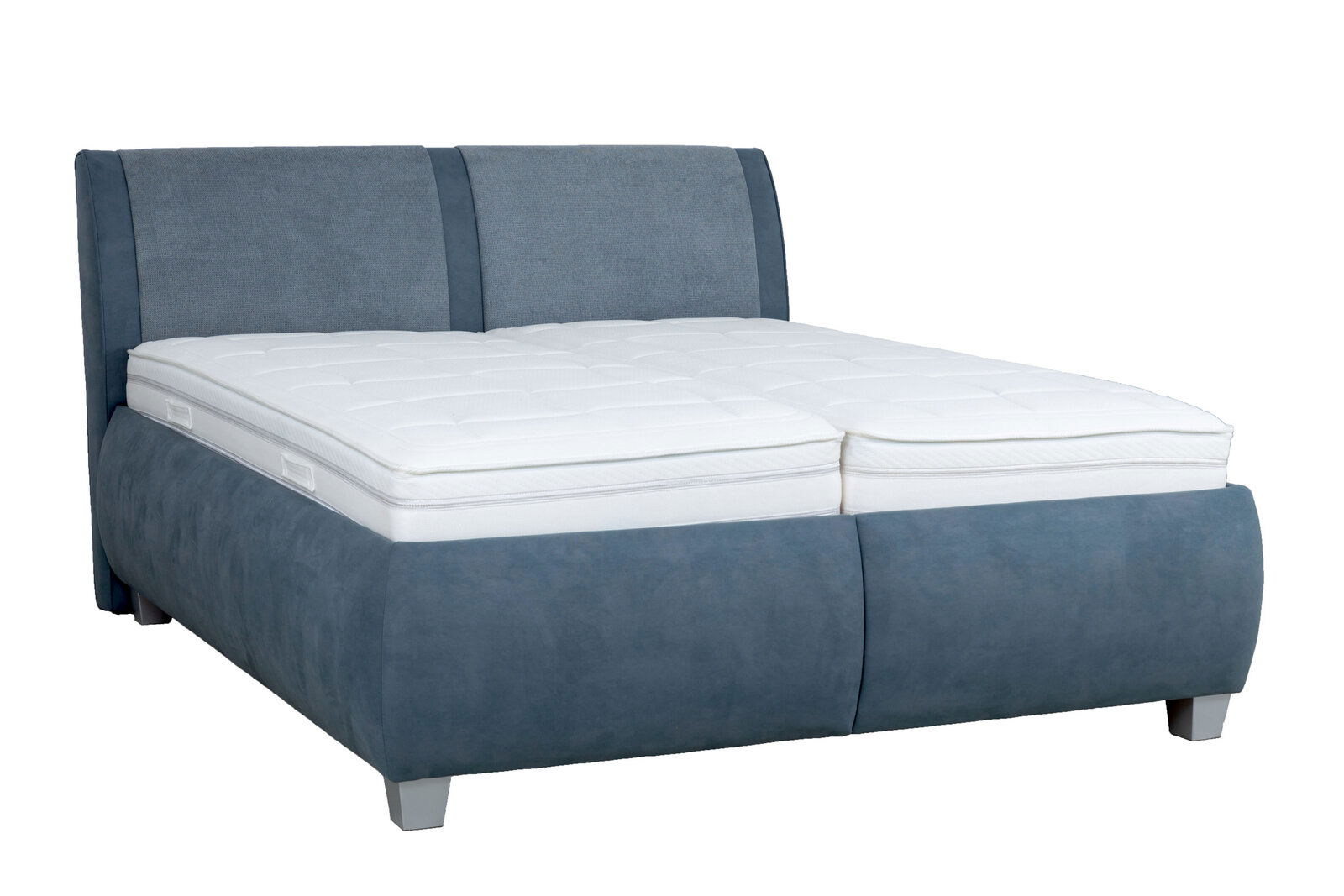 Polsterbett in blauer Farbe mit weißer Matratze, seitliche Perspektive