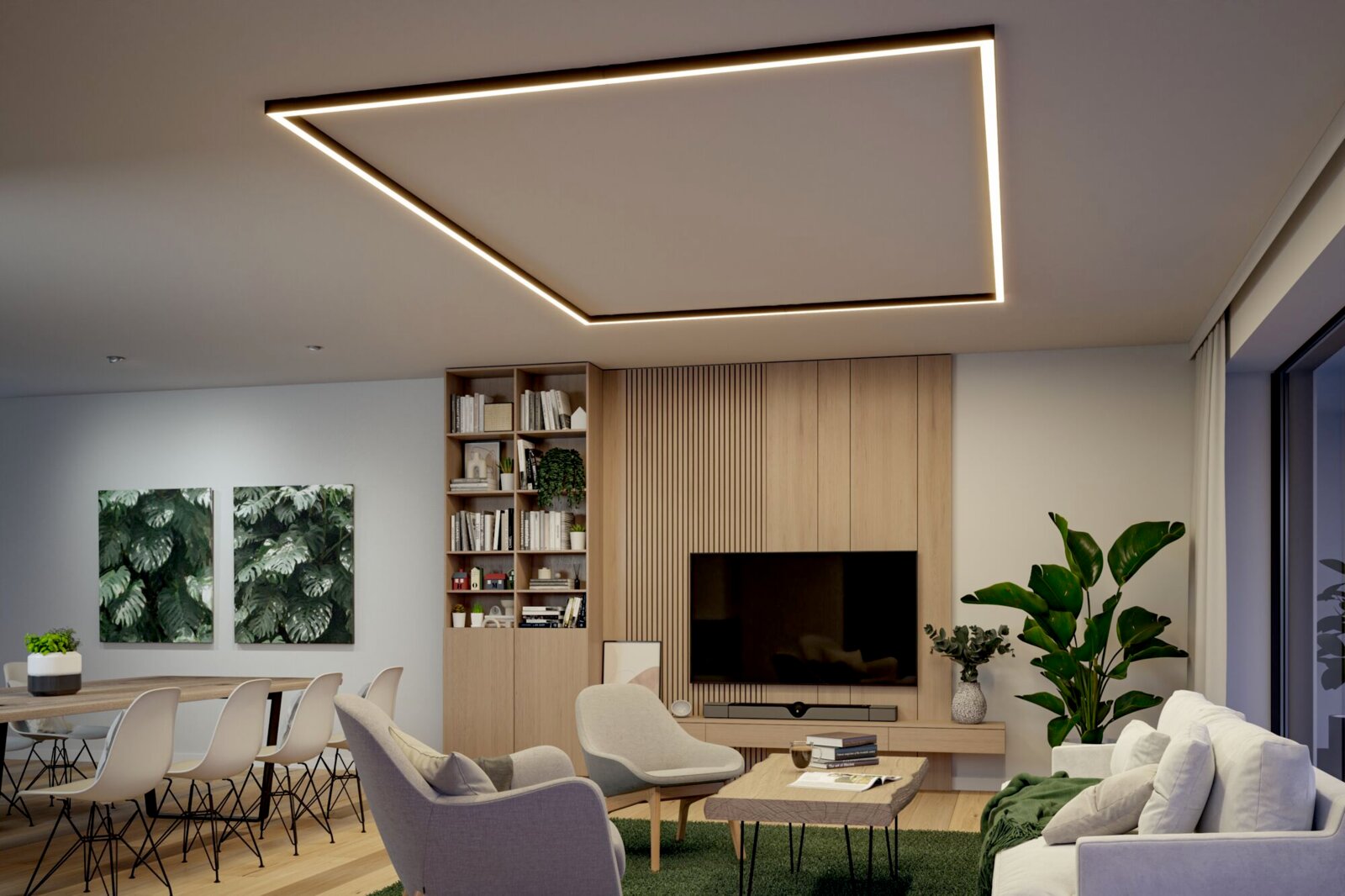 Moderne, rechteckige LED-Deckenleuchte mit umlaufendem Lichtband in warmweiß, in einem stilvollen Wohn- und Essbereich montiert, Perspektive: Blick leicht von unten nach oben auf die Decke.