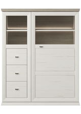 Weißes Highboard mit drei Schubladen und zwei offenen Fächern, frontale Ansicht