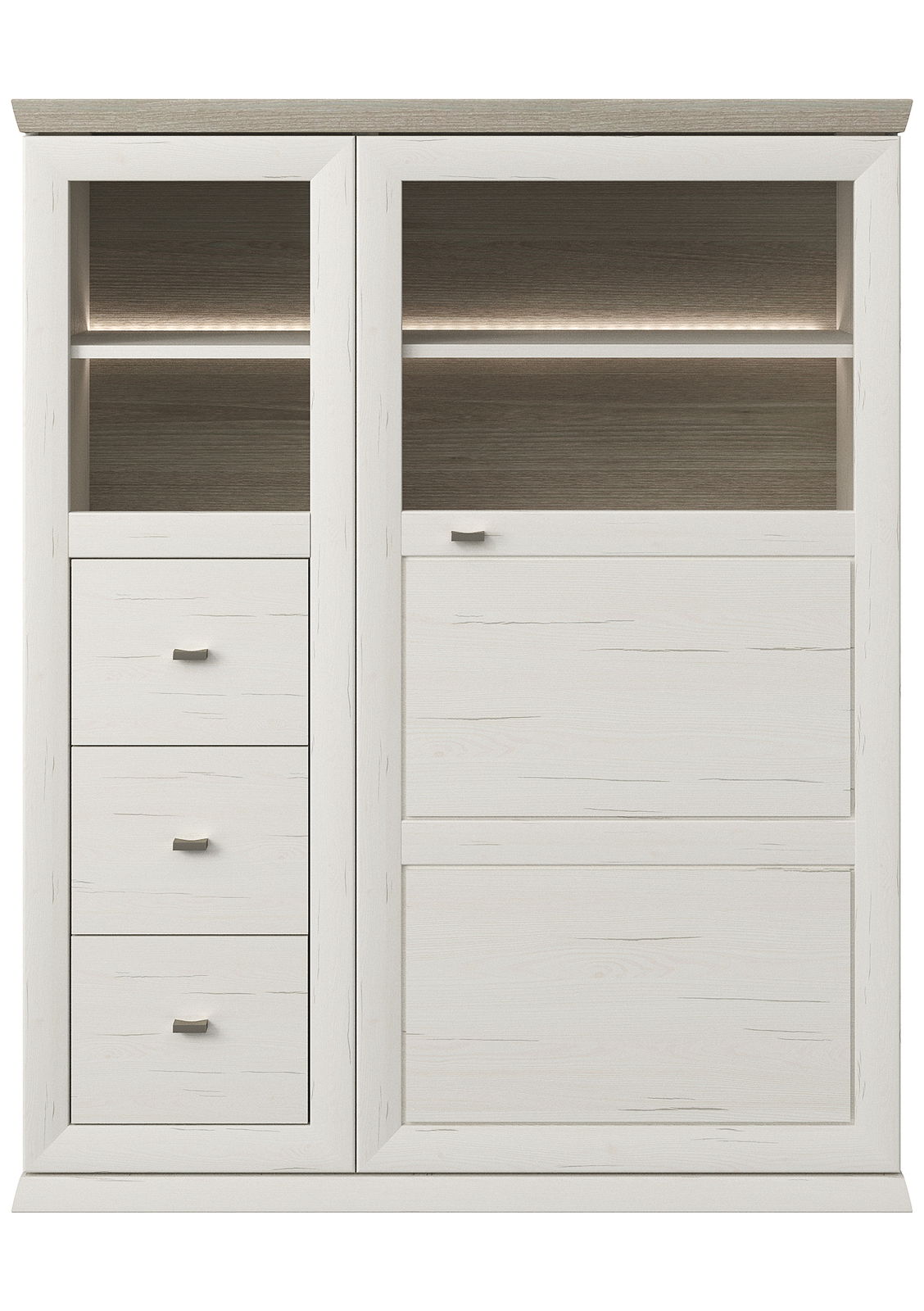 Weißes Highboard mit drei Schubladen und zwei offenen Fächern, frontale Ansicht