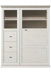 Weißes Highboard mit drei Schubladen und zwei offenen Fächern, frontale Ansicht