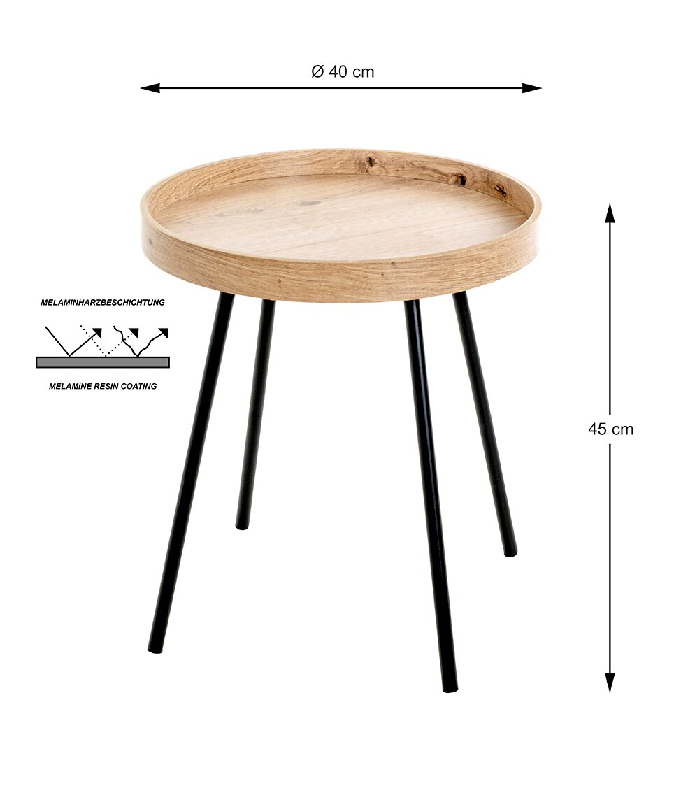Runder Beistelltisch mit Tablett-Tischplatte in Holzoptik (Ø 40 cm) und drei schwarzen Metallbeinen, Höhe 45 cm, Melaminharzbeschichtung, freigestellt auf weißem Hintergrund, perspektivische Frontansicht leicht von oben