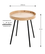 Runder Beistelltisch mit Tablett-Tischplatte in Holzoptik (Ø 40 cm) und drei schwarzen Metallbeinen, Höhe 45 cm, Melaminharzbeschichtung, freigestellt auf weißem Hintergrund, perspektivische Frontansicht leicht von oben