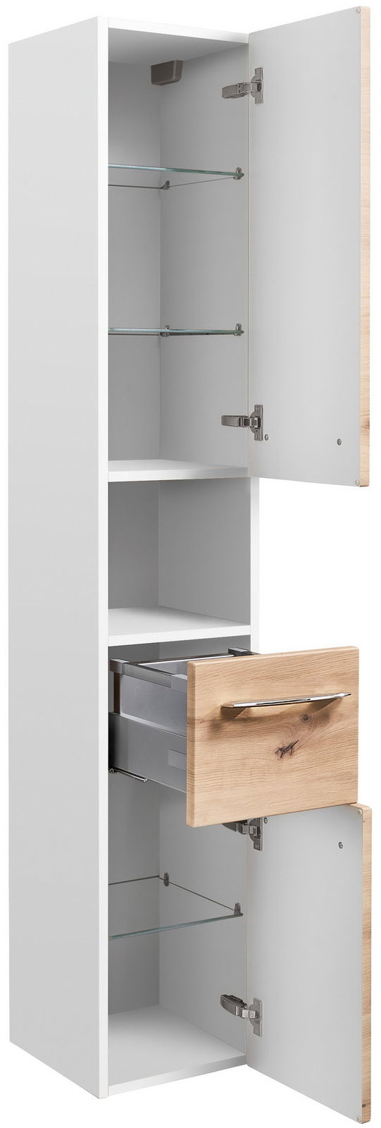 Sadena Hochschrank PLAKA Hochschrank mit zwei offenen Türen und einer Schublade, aus weißem Material mit Holzelementen, seitliche Perspektive