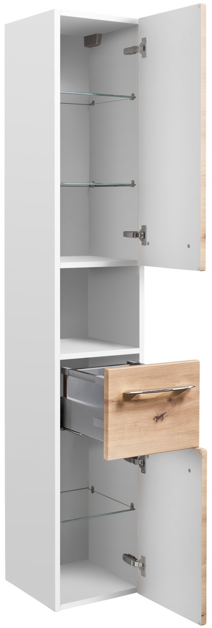 Hochschrank mit zwei offenen Türen und einer Schublade, aus weißem Material mit Holzelementen, seitliche Perspektive