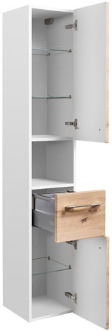 Hochschrank mit zwei offenen Türen und einer Schublade, aus weißem Material mit Holzelementen, seitliche Perspektive