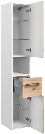 Hoge kast met twee open deuren en een lade, van wit materiaal met houten elementen, zijaanzicht