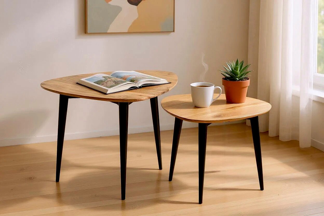 Zwei runde Beistelltische mit Holzplatte und schwarzen, schräg stehenden Beinen in einem hellen Wohnzimmer; auf dem größeren Tisch liegt ein offenes Buch, auf dem kleineren eine weiße Tasse und ein Sukkulenten-Topf, fotografiert in leichter Seitenansicht
