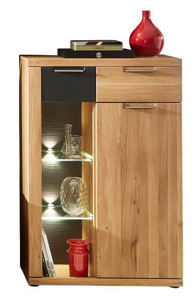 Vitrine II aus Holz mit Glastüren, LED-Beleuchtung und dekorativen Objekten, frontal betrachtet.