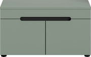 Modernes Sideboard/Schrank in Salbeigrün mit zwei Türen und langem schwarzen Griff, frontale Ansicht.