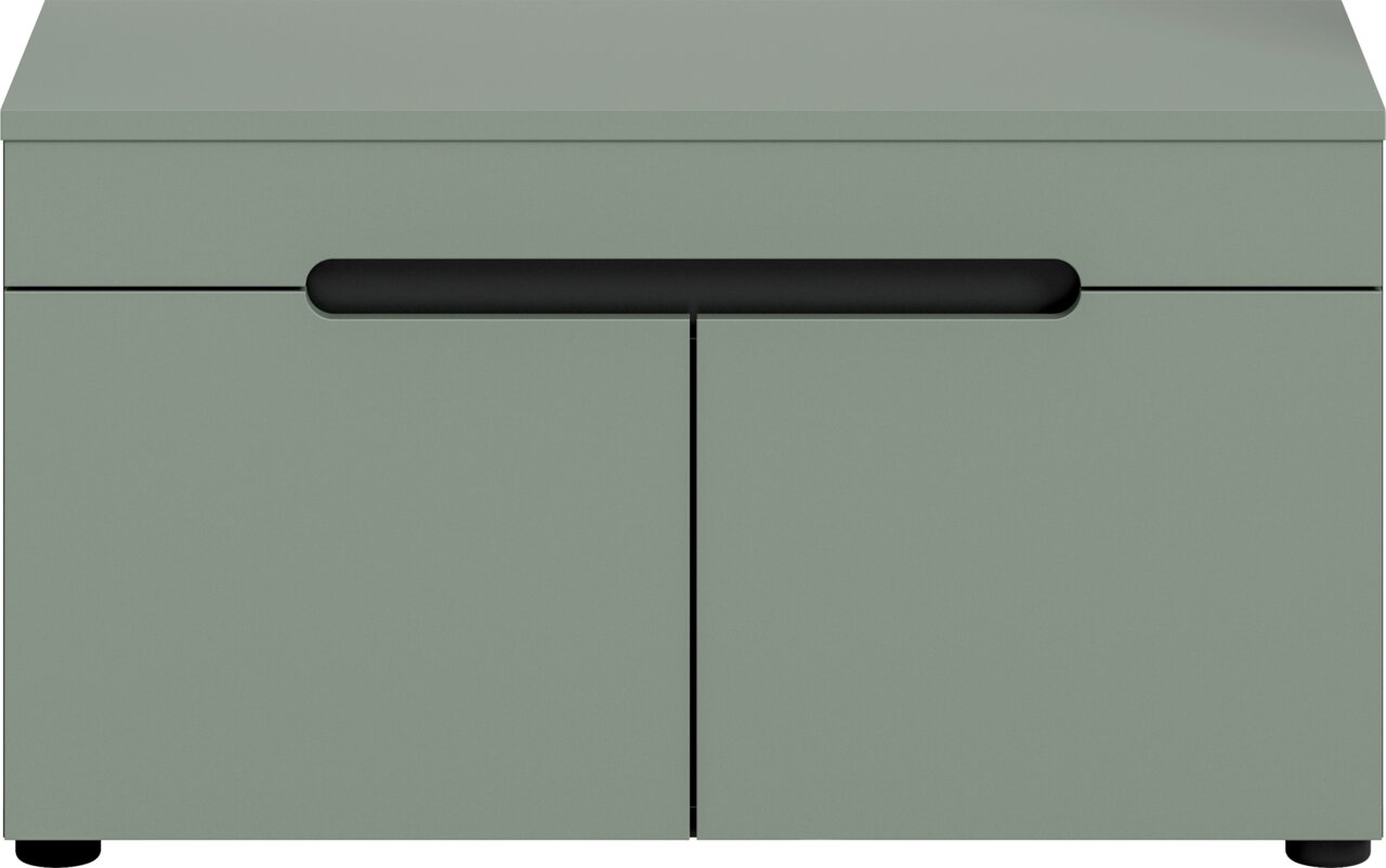 Modernes Sideboard/Schrank in Salbeigrün mit zwei Türen und langem schwarzen Griff, frontale Ansicht.