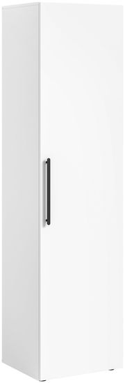 Weißer Garderobenschrank mit schwarzem Griff, seitliche Perspektive