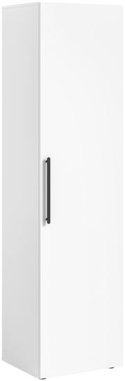 Weißer Garderobenschrank mit schwarzem Griff, seitliche Perspektive