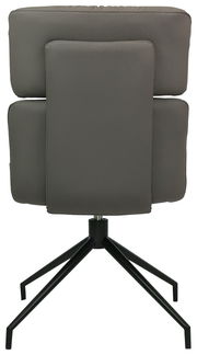 Rückansicht eines modernen grauen Stuhls mit gepolsterter Rückenlehne und schwarzem Metallgestell.